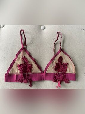 For Love And Lemons Sheer Triangle Bralette with Rose Appliqués - Burgundy